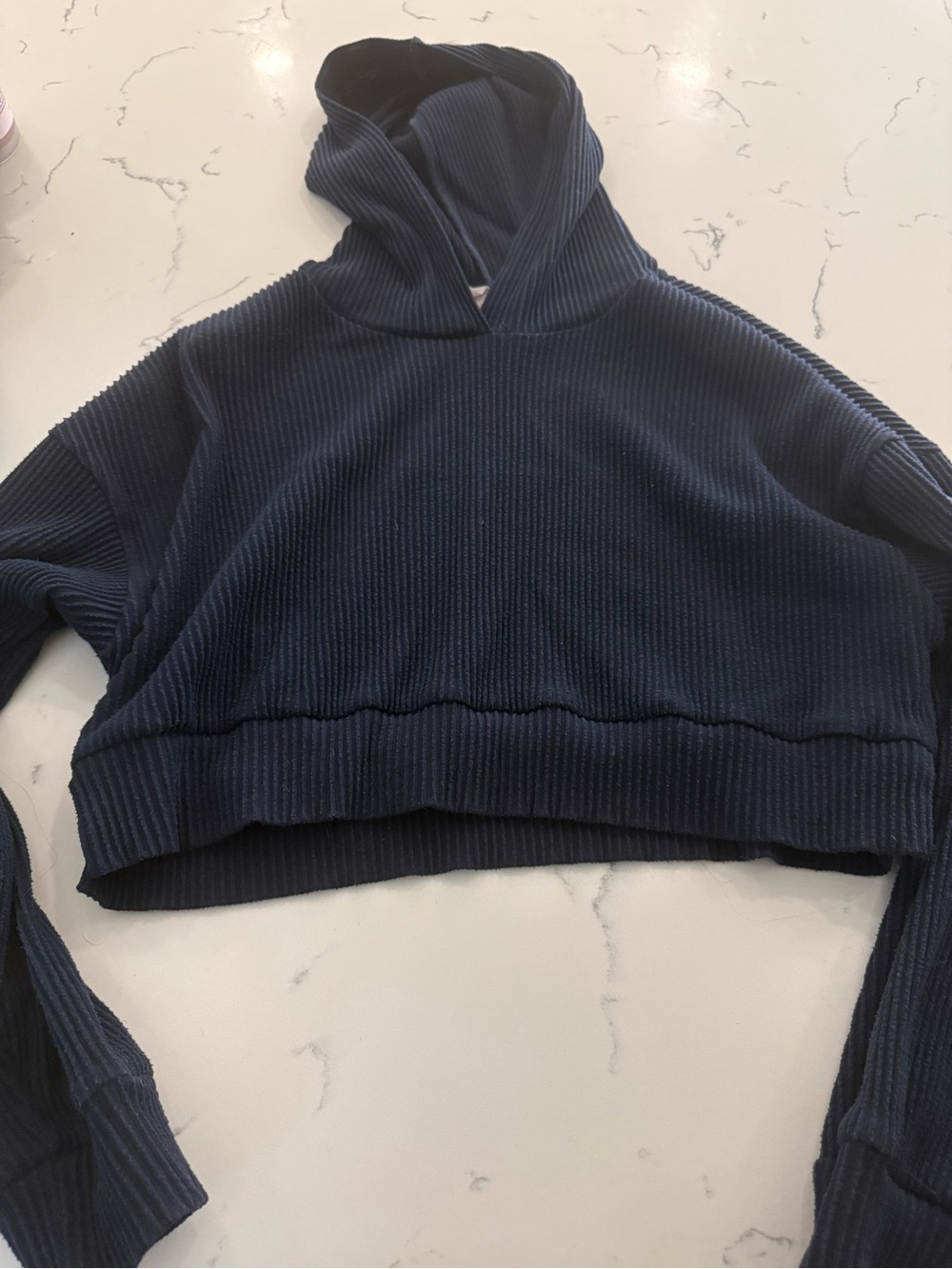ALO Yoga Navy Ribbed Cropped Hooded Sweater